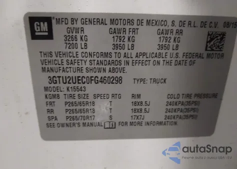 2015 GMC Sierra 1500 Sle из США, поврежденный, VIN 3GTU2UEC0FG460298